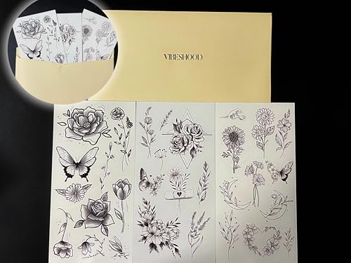Floral Bouquet Temporary Tattoos for Women - 3 Sheets, 5-7 Day Waterproof