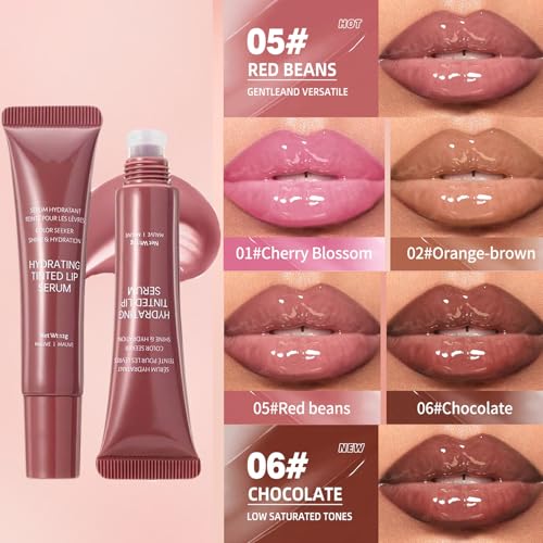 4Pcs Tinted Lip Serum Gloss Set,Jelly Hydrating Shine Pink Nude Red Glossy Lip Balm,Long-lasting Nourishing Vegan Lip Plumper Gloss for Instant Moisture Liquid Lipstick for Women