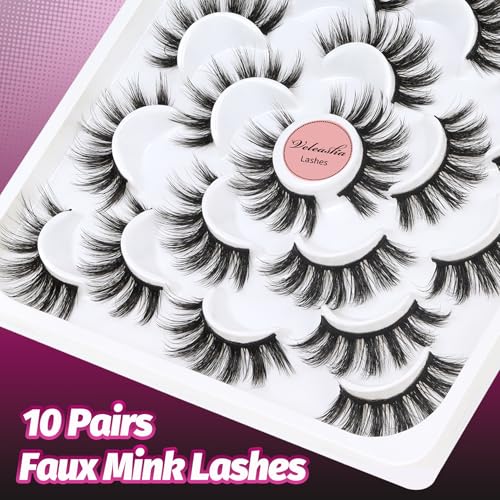 Veleasha Lashes Wispy False Lashes Strips Natural Fluffy Eyelashes 18mm 3D Fuax Mink False Eyelashes Soft Lightweight Strip Lashes Manga Fake Eyelashes 10 Pairs Pack (V07)