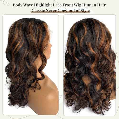 Highlight Ombre Lace Front Wig Human Hair #1b/30 Black and Brown Middle Part Lace Frontal Human Hair Wig 180% Density Pre Plucked Ombre Brown Glueless Wigs for Black Women 20 Inch 180% Density