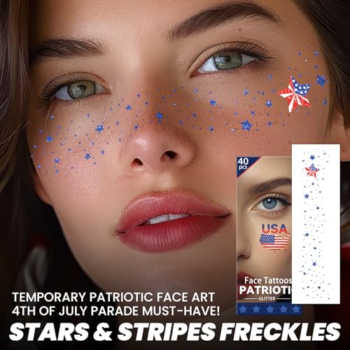 Cerlaza Labor Day Decorations, Glitter Freckles Face Tattoo with American Flag Design, Red White Blue Usa Accessories, 4th of July Independence Day Fake Tattoos Makeup Kit, Rave Outfits for Women