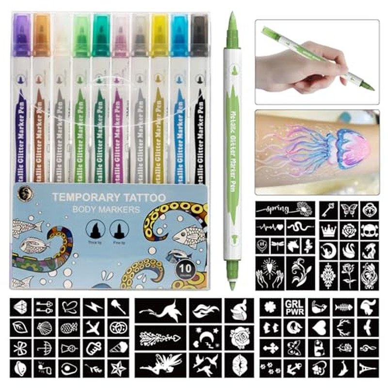 Temporary Tattoo Markers for Skin, Skin-Safe Dual-End Temporary Tattoo Pen,10 Colors Body Marker Pen & Tattoo Stencils for Body and Face Paint N201130