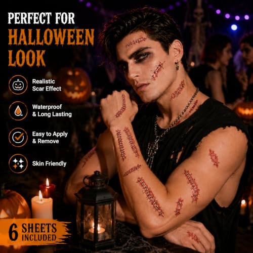 Zombie Scar Tattoos - 6 Pack Realistic Halloween Face Scars