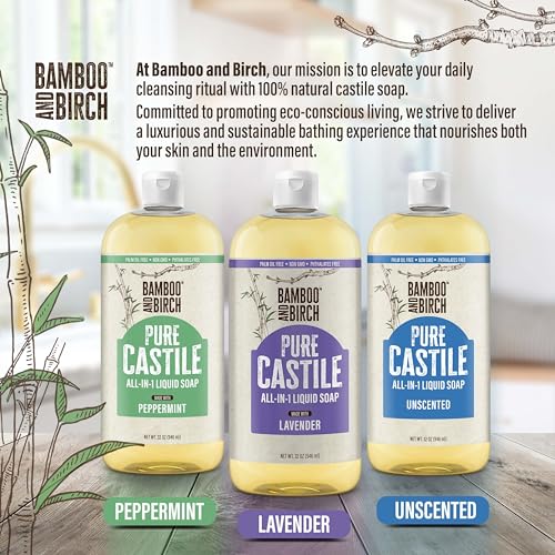 BAMBOO AND BIRCH Pure Castile Soap Liquid Organic, Certified Palm Oil Free Natural Soap, Lavender, 32 oz