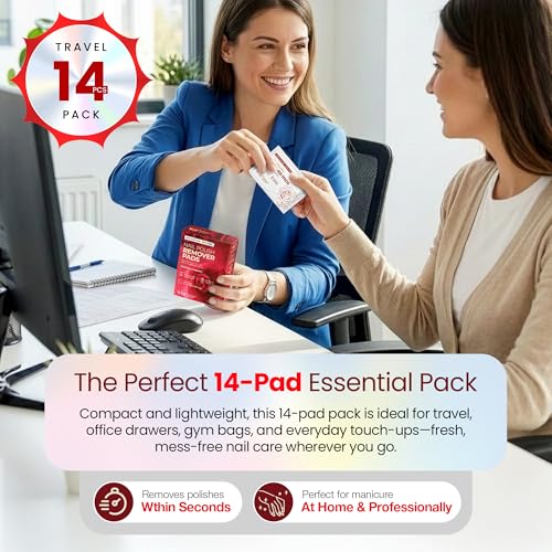 WGF Professional Nail Polish Remover Pads 14 Pack - Non-Acetone, Gentle, Individually Wrapped Travel Wipes