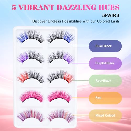 Colored Faux Mink Eyelashes - 5 Pairs with Black & Vivid Colors