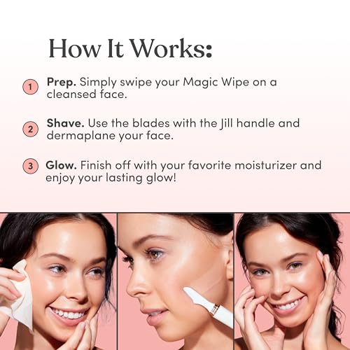 Jill Magic Wipes | Dermaplane Oil Wipes for Pre-Shave Dermaplaning Skin Prep, for All Skin Types, Vegan-Friendly Ingredients Vitamin E + Argan Oil, 6 Pack