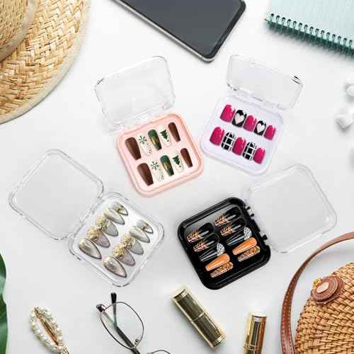 Jucoan 32 Pack Press on Nails Boxes, 2.75 x 2.75 Inch Press on Nail Display Case, Acrylic Fake Nails Storage Package Containers with 120 Adhesive Nail Tapes for Press on Nail Business Nail Art Salon
