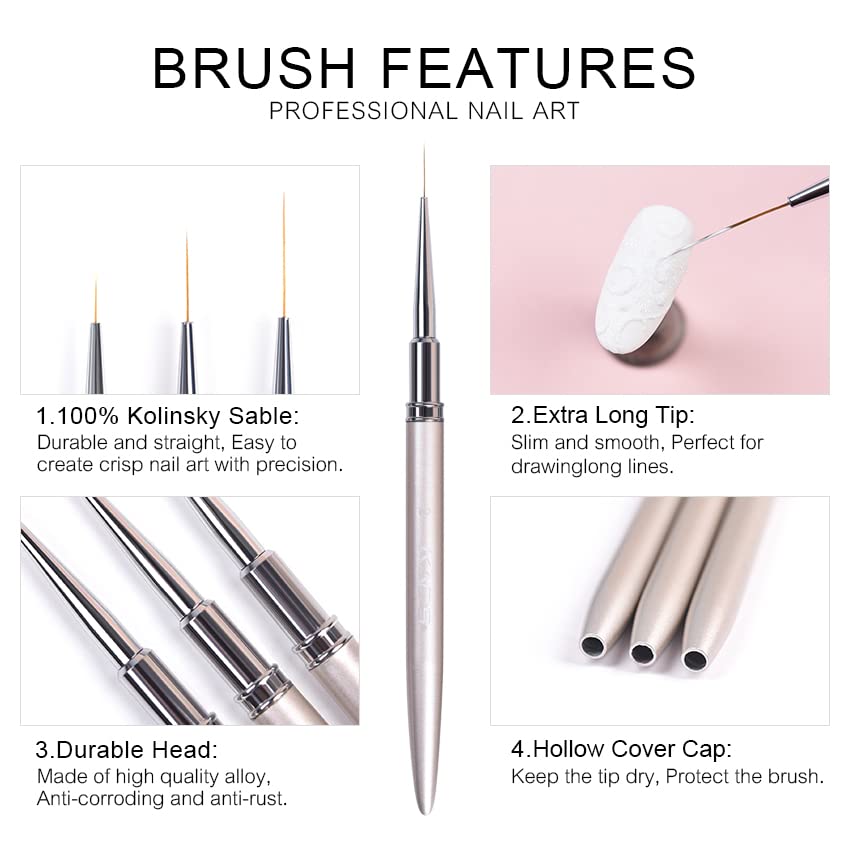 KADS Nail Art Liner Brushes Kolinsky Nail Art Brush Liner Brush UV Gel Polish Painting Nail Design Brush Metal Handle Nail Drawing Pens 8/15/20mm (8mm)