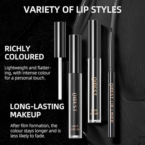 QiBest 3-in-1 Black Lipstick Set – Matte, Gloss & Liner