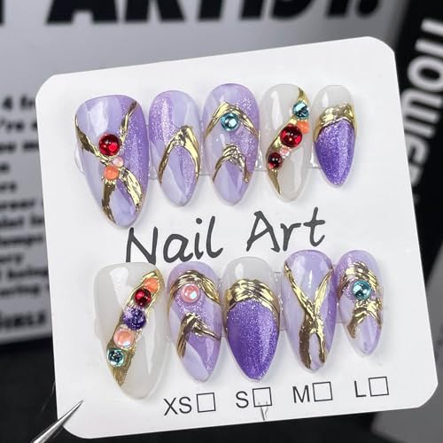 FADOORA Handmade Press On Nails Medium Almond Nails Press On Purple False Fake Nails with Gold Line Bling Gems for Birthday Party Prom 10PCS M Size