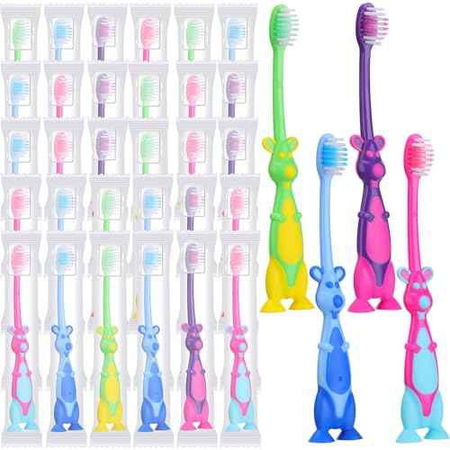Gerrii Kids Toothbrushes Bulk Soft Lovely Little Kangaroo with Covers Suction Cup Individually Wrapped for Children Toddler Home School Camp Daycare Travel(24 Pcs)
