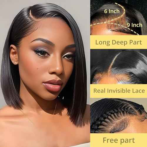 9x6 Bob Wig Human Hair Glueless Wigs Human Hair Pre Plucked Pre Cut HD Lace Front Glueless Wigs Human Hair 200% Density Short Straight Bob Wigs for Black Women 12 inch