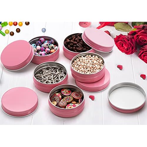 Foraineam 48 Pack 2 oz Screw Top Round Tin Cans with White Labels, Pink Aluminum Cosmetic Sample Containers, Metal Empty Tins Travel Storage Tin Jars for Lip Balm, Salve, Spice, Candy or Crafts