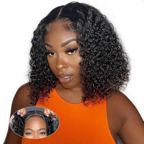 GOLFMAX Wear and Go Glueless Wigs Human Hair Pre Plucked Pre Cut Short Bob Wigs With Elastic Band For Black Women Deep Wave Curly 4x4 Closure Wig Water Wave Wigs Human Hair 12 Inch