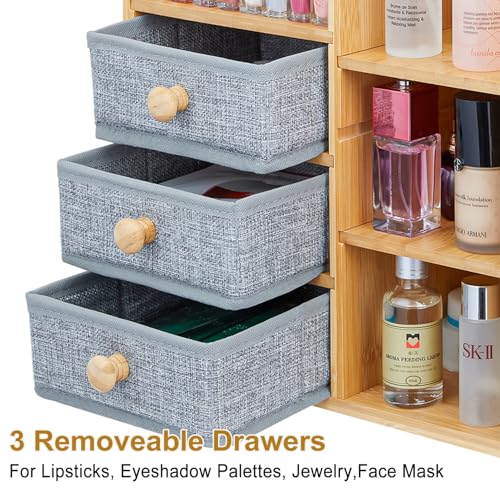 X-cosrack Natural Bamboo 3-Tier Large Makeup Organizer with 3 Drawers & 10 Compartments