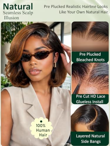 KLAIYI Ombre Brown Layered Bob Straight Wig 12" Glueless 7x5