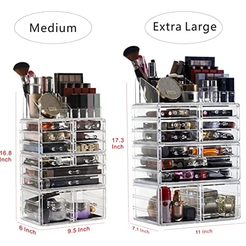 Cq acrylic 4 Pack Clear Makeup Organizer Countertop,Stackable 12 Drawers Skincare Organizer,Cute Skin Care Organizer for Vanity Hair Clip,Jewelry,Beauty Product Desk and Make Up Organizers for Vanity