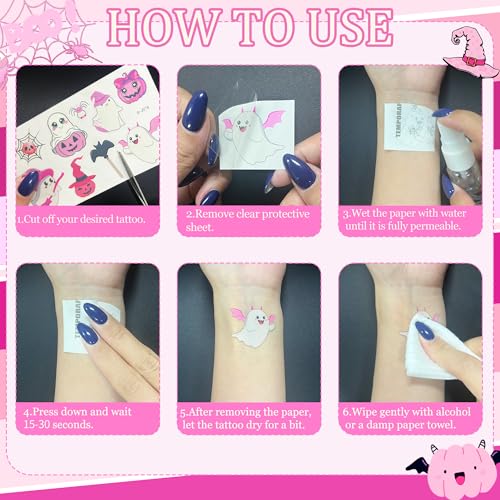 Halloween Temporary Tattoos for Kids - Pink Halloween Party Decorations, Trick or Treat Basket Stuffers, Boo Day Party Favors for Girls