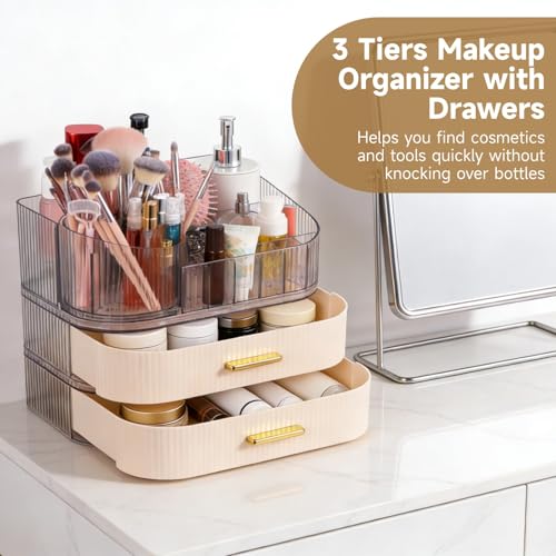 3 Tiers Makeup Organizer with Drawers, Makeup Holder 360¡Æ Rotating Brush Holder, Large Capacity Cosmetic Storage with Clear Top Slots, Vanity Organizer for Skincare Perfume Lipstick Jewelry