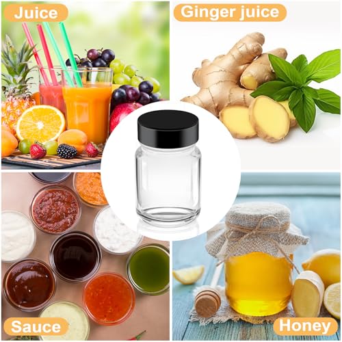 20 Pack 2 oz Glass Shot Bottles Wide Mouth Wellness Shot Glass Bottles with Black Lids & Labels and Pen for Juice,Ginger,Leakproof Travel Wide Mouth Mini Clear Jars Dishwasher Safe (20)