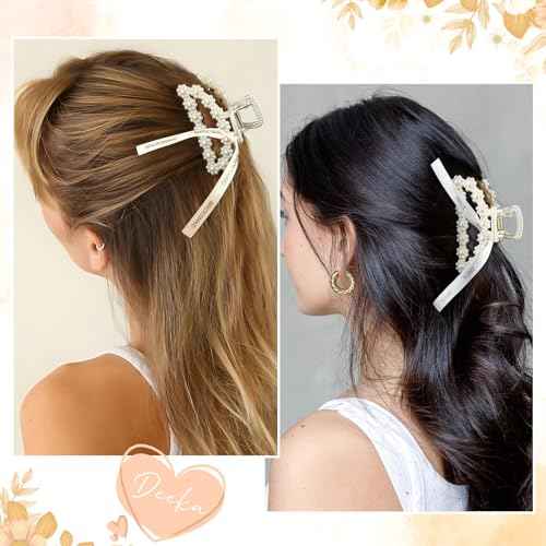 DEEKA Bridesmaid Proposal Gifts 8 Pack Pearl Bridesmaid Hair Claw Clips with Ribbon 3 Inch Hair Clips Bachelorette Party Favors Bridal Party Present Hair Accessories (Half Circle White&Champagne)