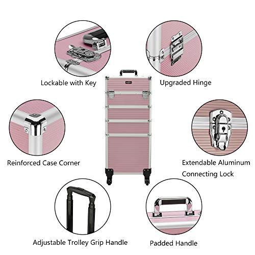 Mefeir 4-in-1 Rolling Makeup Train Case with Wheels, Pink