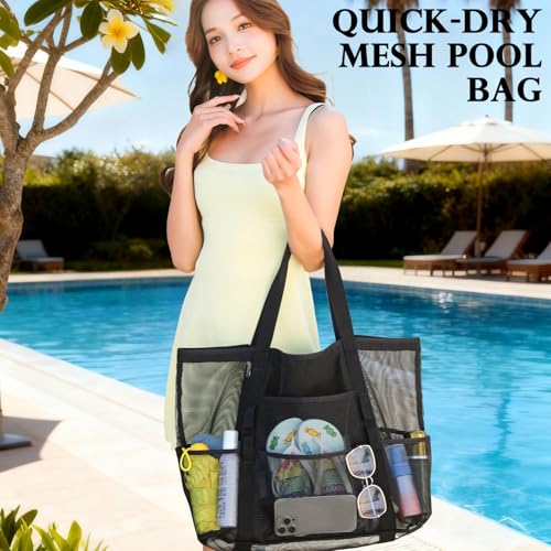 Fammart Large Mesh Beach Bag with Zipper Pocket for Family Travel