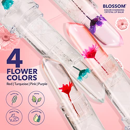 Blossom Moisturizing Custom Color Changing 2 pack, Strawberry Scented Crystal Lip Balm (Red), Shimmer Sparkle Lip Stain Tint (Blush), Infused with Real Flowers, 6g, Red/Blush