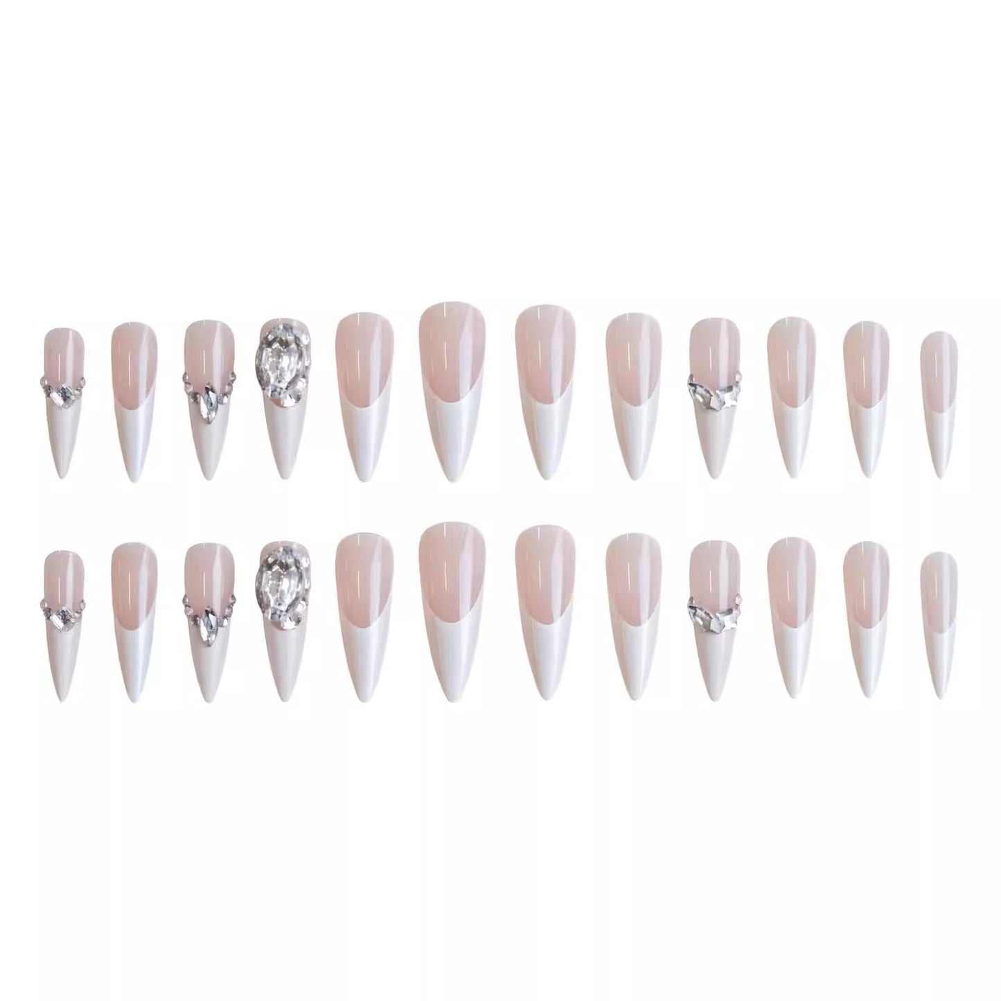 Rilafuvu Press on Nails Almond Fake Nails White Tip Artificial Nails Rhinestones Glue on Nails Glossy Press on Nails Long for Women and Girls 24Pcs