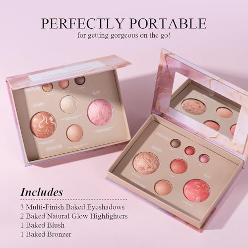 MOOMARTO All-in-One Baked Makeup Palette 3 Eyeshadows, 2 Highlighters, Blush & Bronzer - Travel Friendly 01