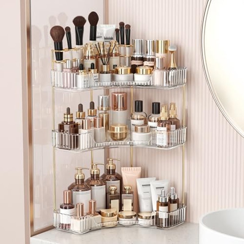 3-Tier Corner Bathroom Organizer with Makeup Brush Holder