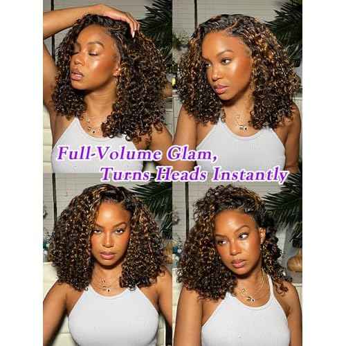 Water Wave 1b/30 Human Hair Bundles with Closure 12 14 16+10 Inch, Black & Golden Brown Balayage Highlight Wet Curly Bundles Sew In Weave, 12A Glossy 100% Unprocessed Virgin Hair Bundles +4x4 Closure