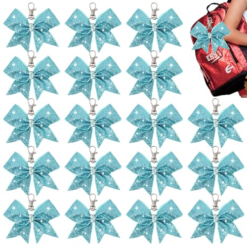 18PCS Cheer Bow Keychain Glitter Bow Keychain Hair Bow for Girls Rhinestones Sequin Bow School Senior Cheer Bow Accessories for Teen Softball football Cheerleader (Glitter Lake Blue)