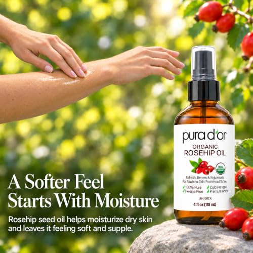 PURA D'OR USDA Organic Rosehip Seed Oil 4oz Cold-Pressed Face & Hair Treatment