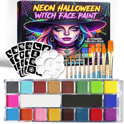 20-Color Water-Based Face Paint Kit with Brushes & Stencils