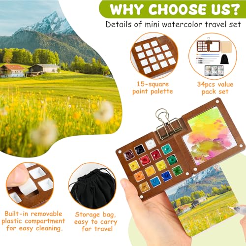 24 Color Watercolor Travel Set with Walnut Palette & Sketchbooks