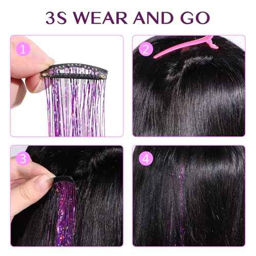 IDN BEAUTY Hair Tinsel Clip in, 6pcs Purple Sparkling Tinsel Hair Extensions 3s Wear and Go for Party Daily Travel Birthday, 24Inch Hair Accessories for Girls Women Kids