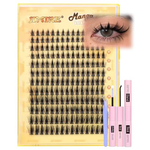 JIMIRE Natural Lash Clusters Kit Lash Extension Kit with Lash Bond and Seal 180Pcs Anime Eyelash Clusters D-Curly Wispy Manga Lash Clusters 8-16MM Cluster Eyelash Extensions Kit Individual Lashes Pack