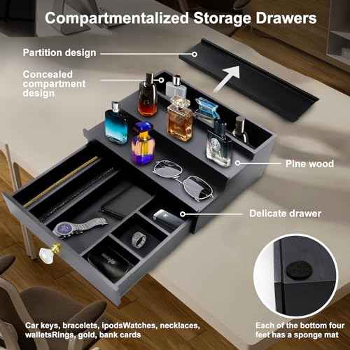Cologne Organizer for Men, 3 Tier Cologne Stand Organizer for Men, Wood Perfume Organizer with Felt Lining Drawer and Hidden Compartment, Great Gift for Men(Black)
