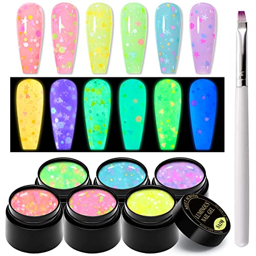 MEET ACROSS 6 Colors Candy Luminous Gel Nail Polish Set, Glow in Dark Nail Gel Polish with Nail Brush, Cute Luminous Gel Nail Polish within Different Shape Sequins for DIY Nail Art Salon