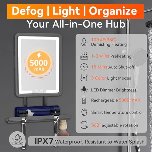 GURUN Heated Shower Mirror Fogless for Shaving, 360¡Æ Adjustable Shaving Mirror with Light, Rechargeable Anti-Fog Shower Mirror with Storage Tray & Razor Holders