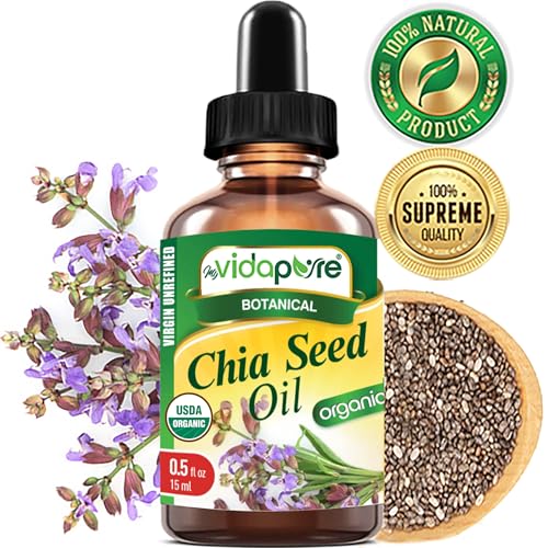 MYVIDAPURE Organic CHIA SEED OIL Certified Organic 100% Natural Pure VIRGIN UNREFINED Undiluted Cold Pressed Carrier Oil for Face Skin Body Hair Lip Nails Anti-Aging Rich in Vitamin E (0.5 Fl Oz)