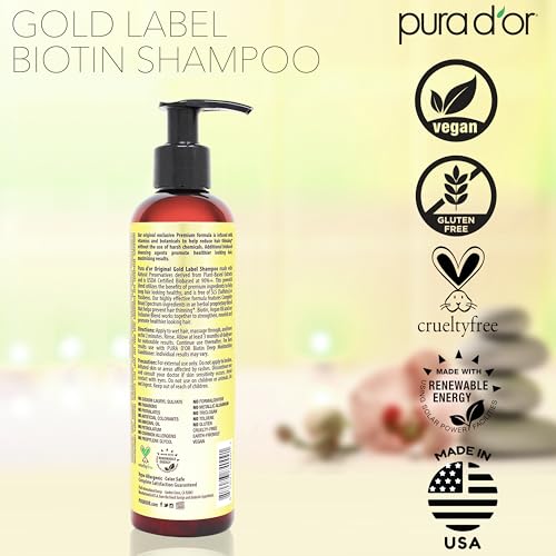 PURA D'OR 8 Oz Original Gold Label Anti-Thinning Biotin Shampoo Natural Earthy Scent, CLINICALLY TESTED Effective Results, Herbal Blend Hair Thickening Products, Women & Men, Color Treated Hair