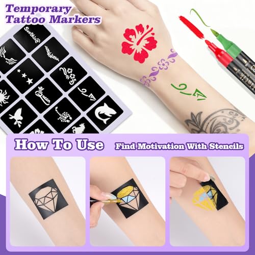 Temporary Tattoo Markers Kit – 16 Colors & 80 Stencils
