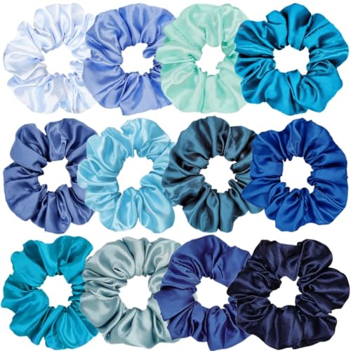 12 Pcs Assorted Blue Satin Silk Hair Scrunchies - 4.5 Inch Ties