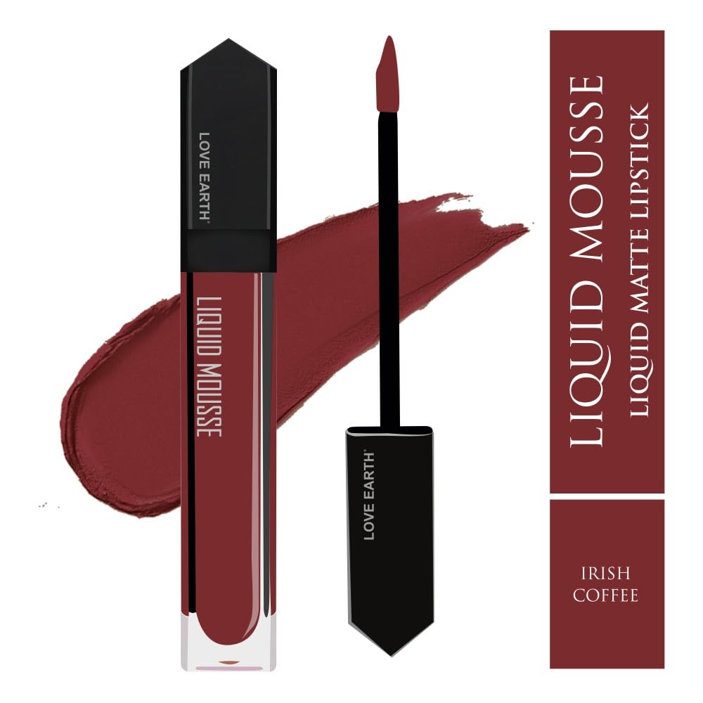 Love Earth Liquid Mousse Lipstick - Matte Finish | Lightweight, Non-Sticky, Non-Drying,Transferproof, Waterproof | Lasts Up To 12 Hours With Vitamin E And Jojoba Oil - (6 ml (Pack Of 1) Irish Coffee)