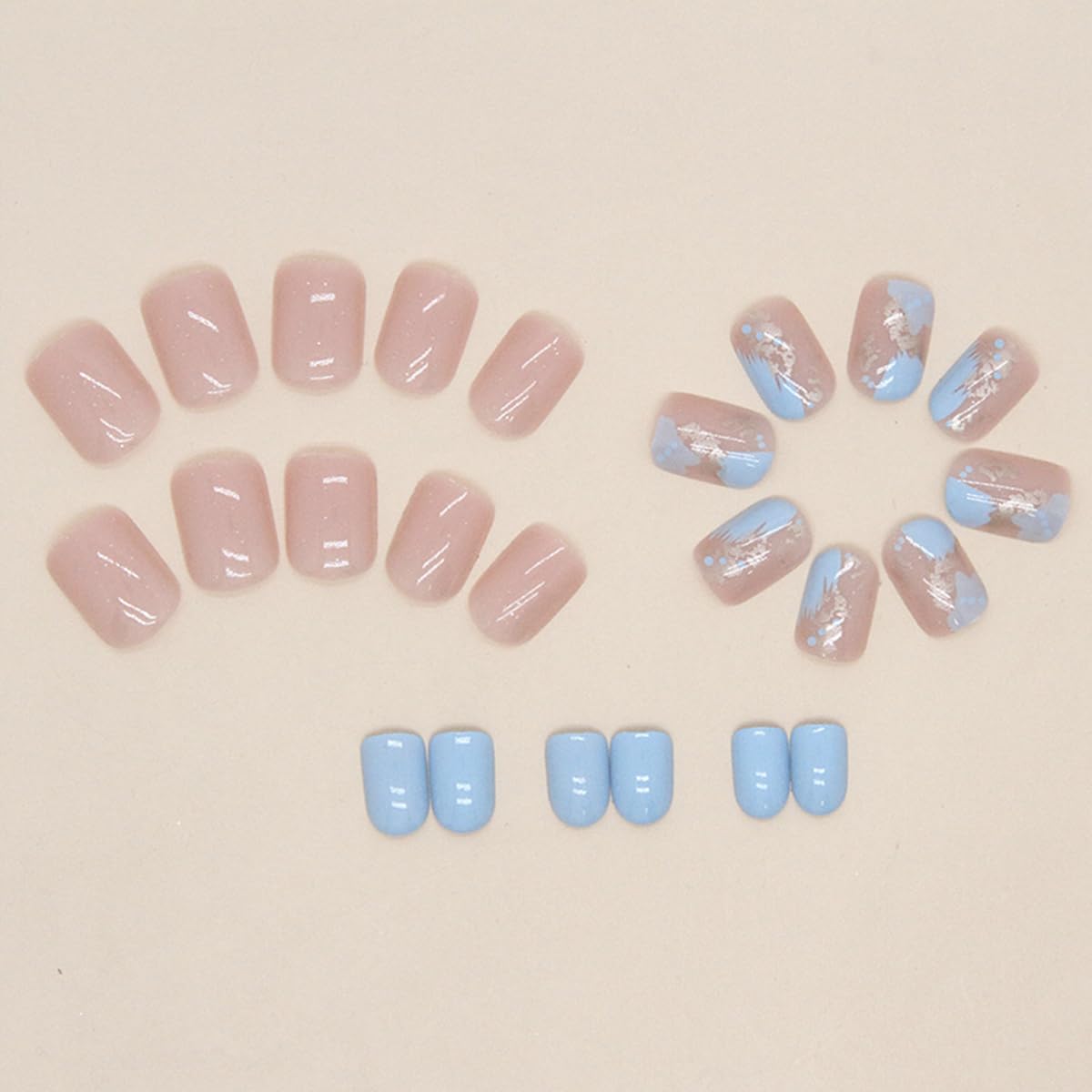 24Pcs Nude Blue Press on Nails Short Square Fake Nails with Glitter Gold Foil False Nails Glossy Acrylic Nails Artificial Short Glue on Nails for Women Girls DIY French Stick on Nails Decorations