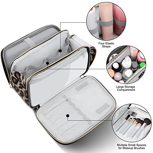 BOOMRICH Large Travel Makeup Bag, Cosmetic Bag, Toiletry Bag for Women, Water-Resistant Leather Toiletry Organizer, Dopp Kit for Toiletries Accessories, Leopard