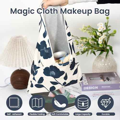 Self-Adhesive Magic Cloth Portable lazy Makeup Bag Cosmetic Pouch Widely Used for Camera Lens Wrap,Protective Cover Laptop Sleeve,Folding,Washable(17.7" X 17.7"Flower)